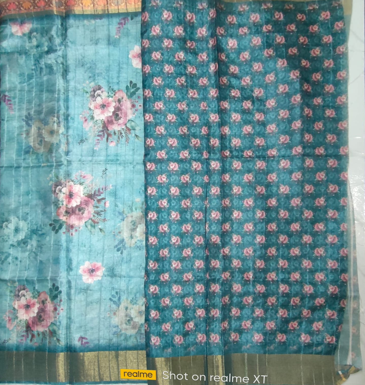 Light Mint Blue Digital print gold boarder sarees