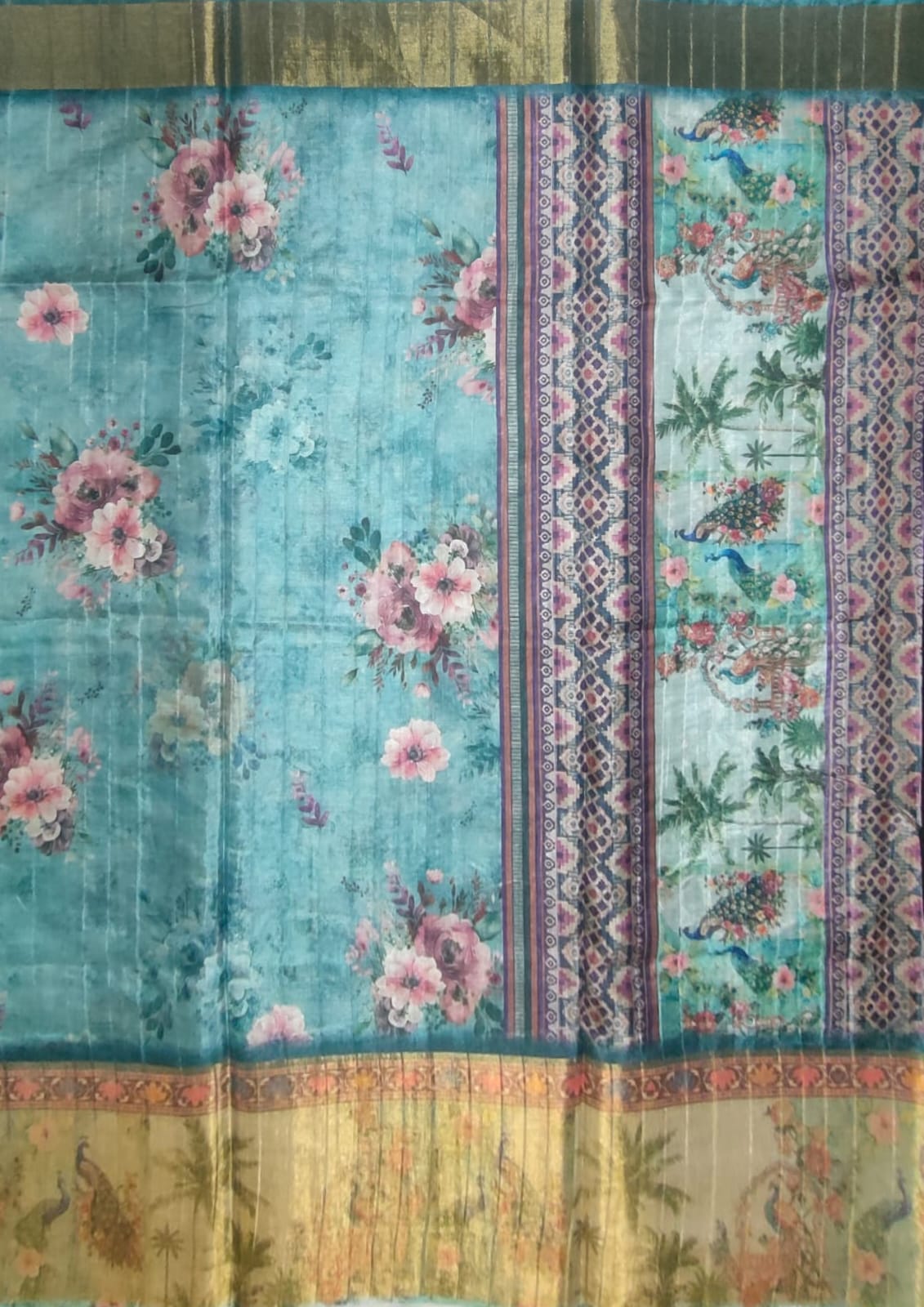 Light Mint Blue Digital print gold boarder sarees