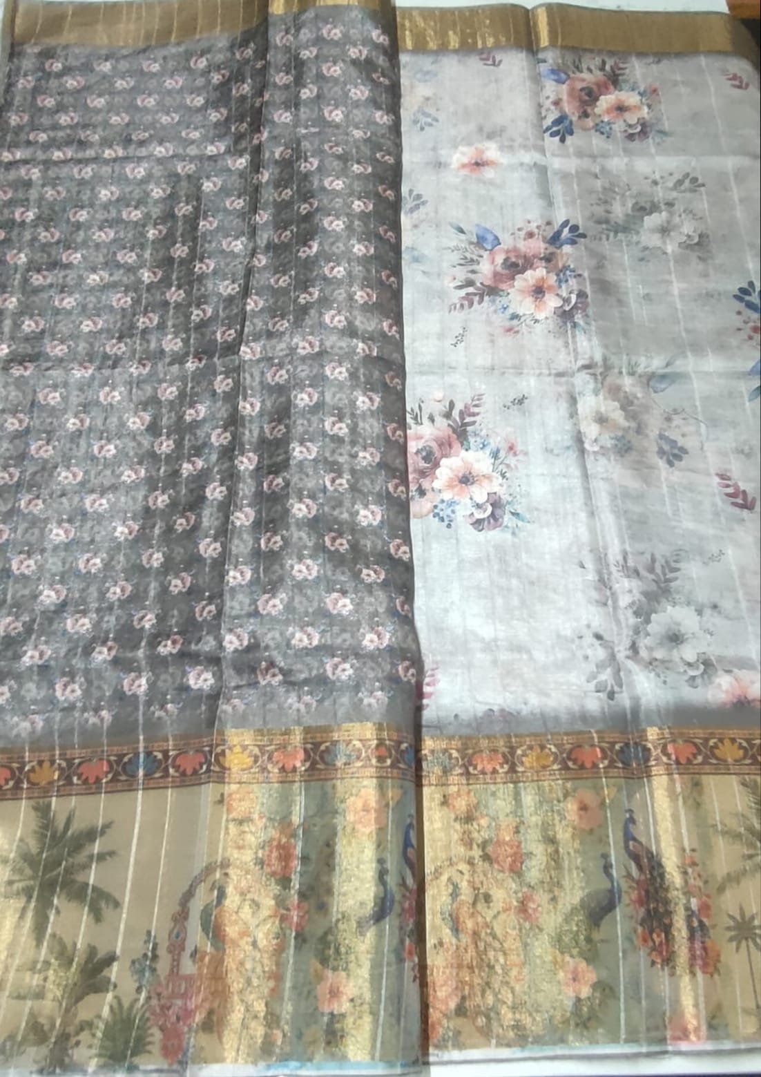 Light Gray Digital print gold boarder sarees