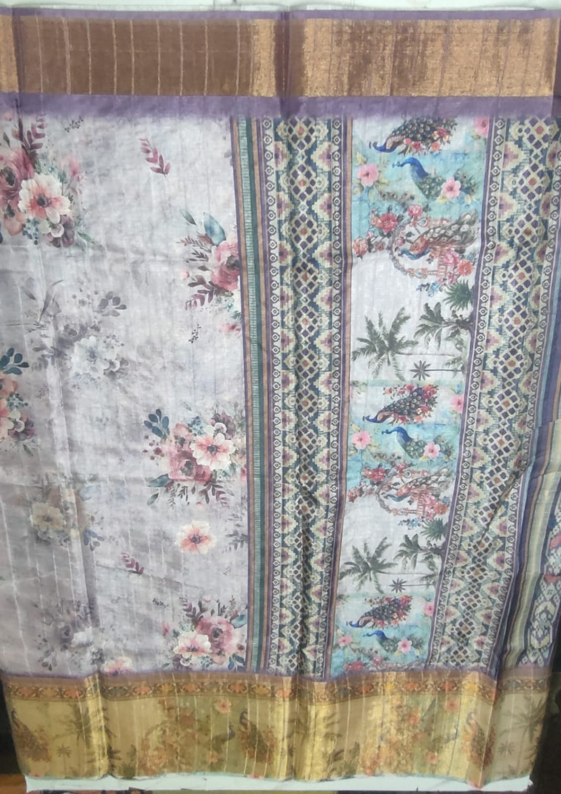 Light rose wood colour Digital print gold boarder sarees
