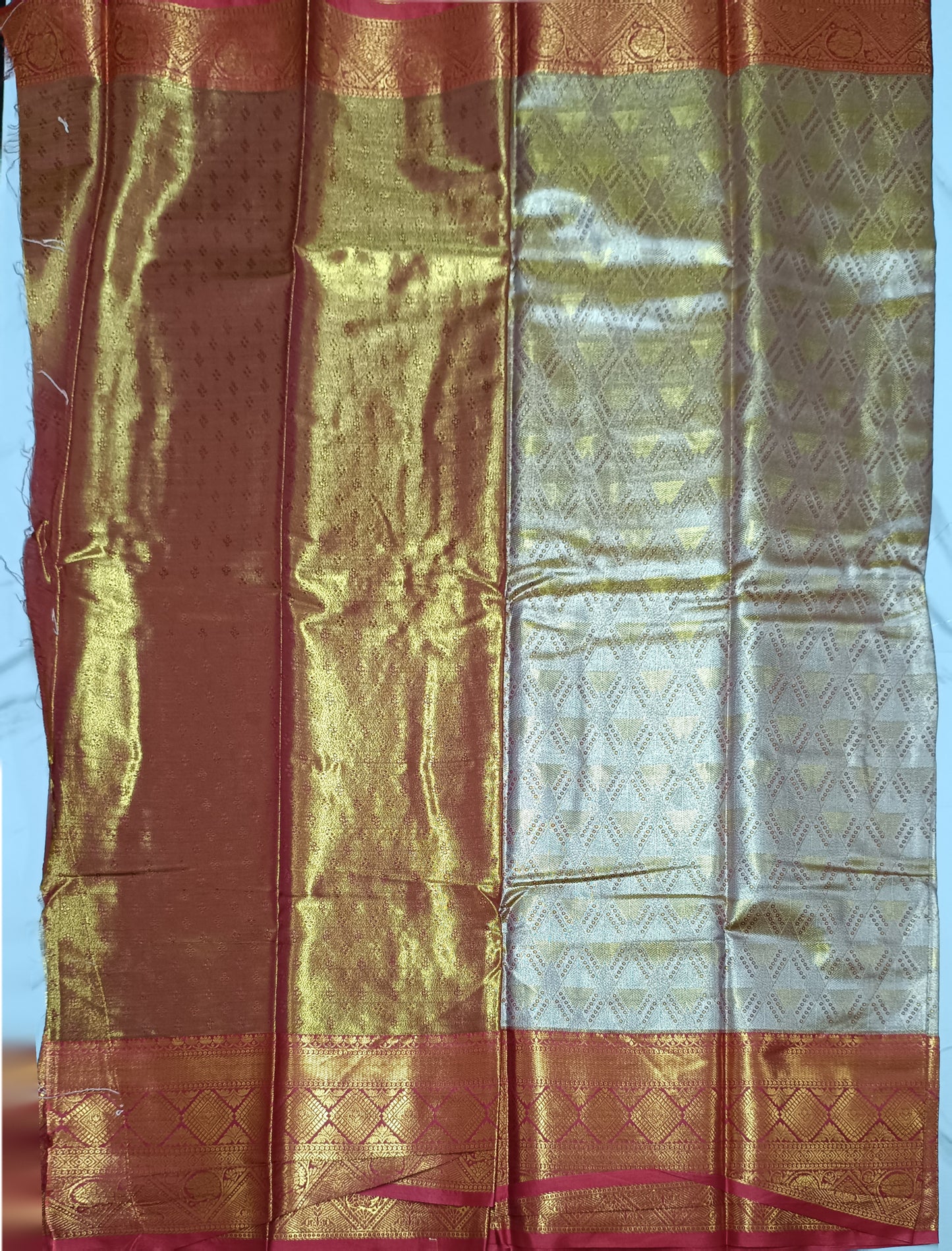 Gold and silver shaded Red semi pattu saree