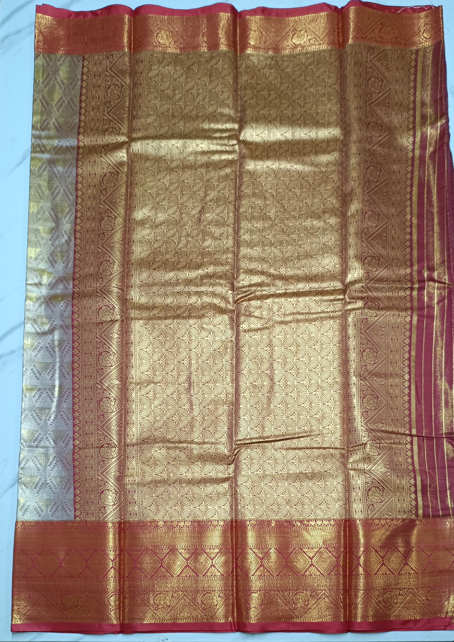 Gold and silver shaded Red semi pattu saree