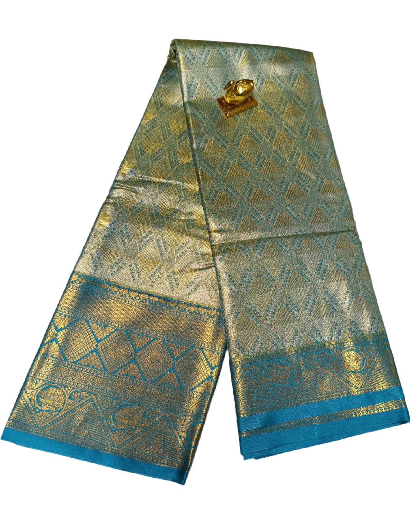 Gold and silver shaded Teal blue semi pattu saree