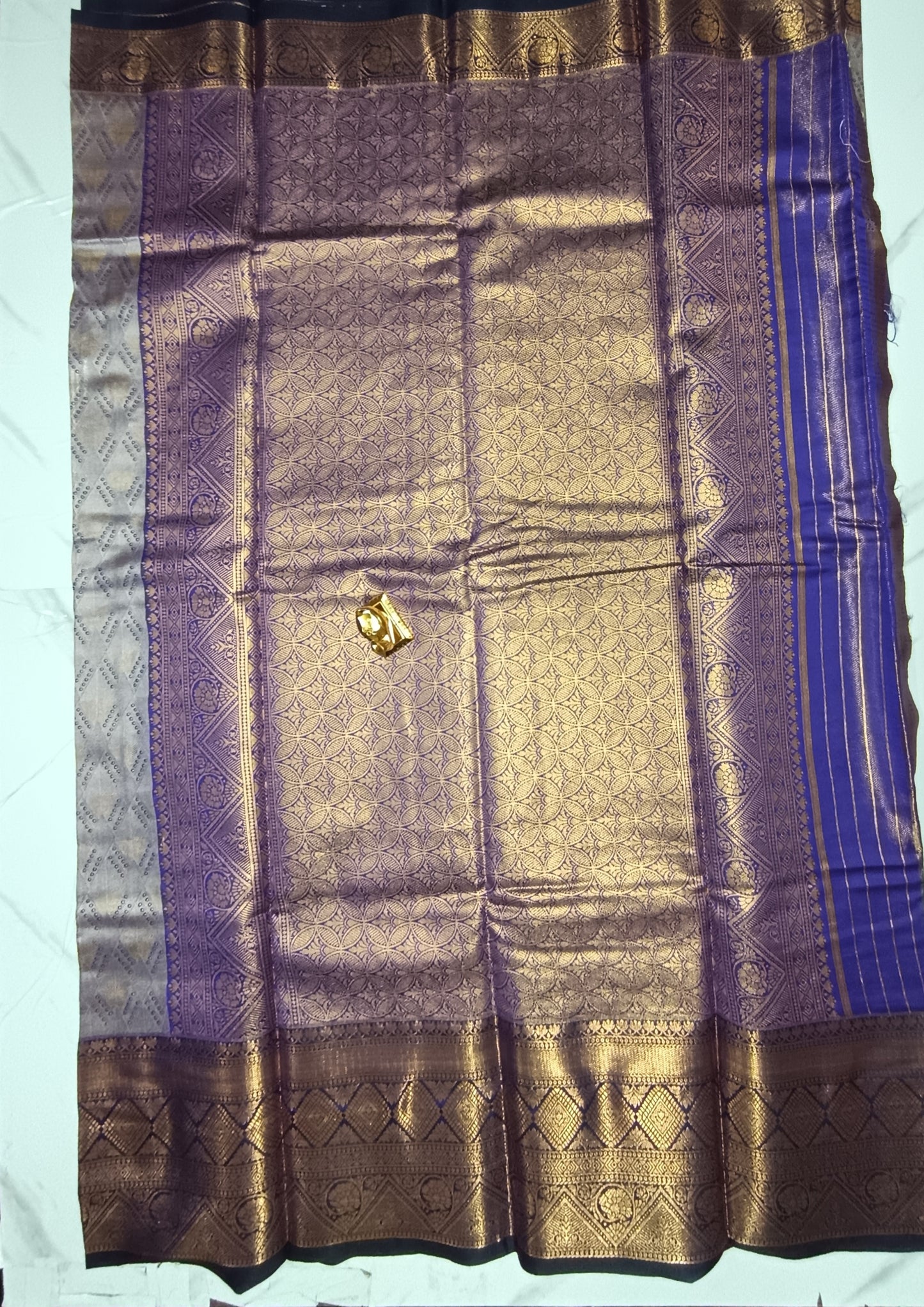 Gold and silver shaded Navi blue semi pattu saree