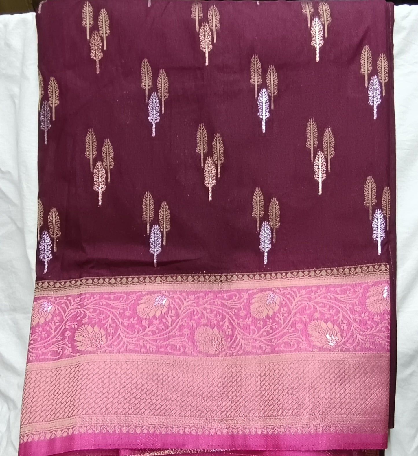 Dark Red Maron Dola Gold & Silver Zari sarees