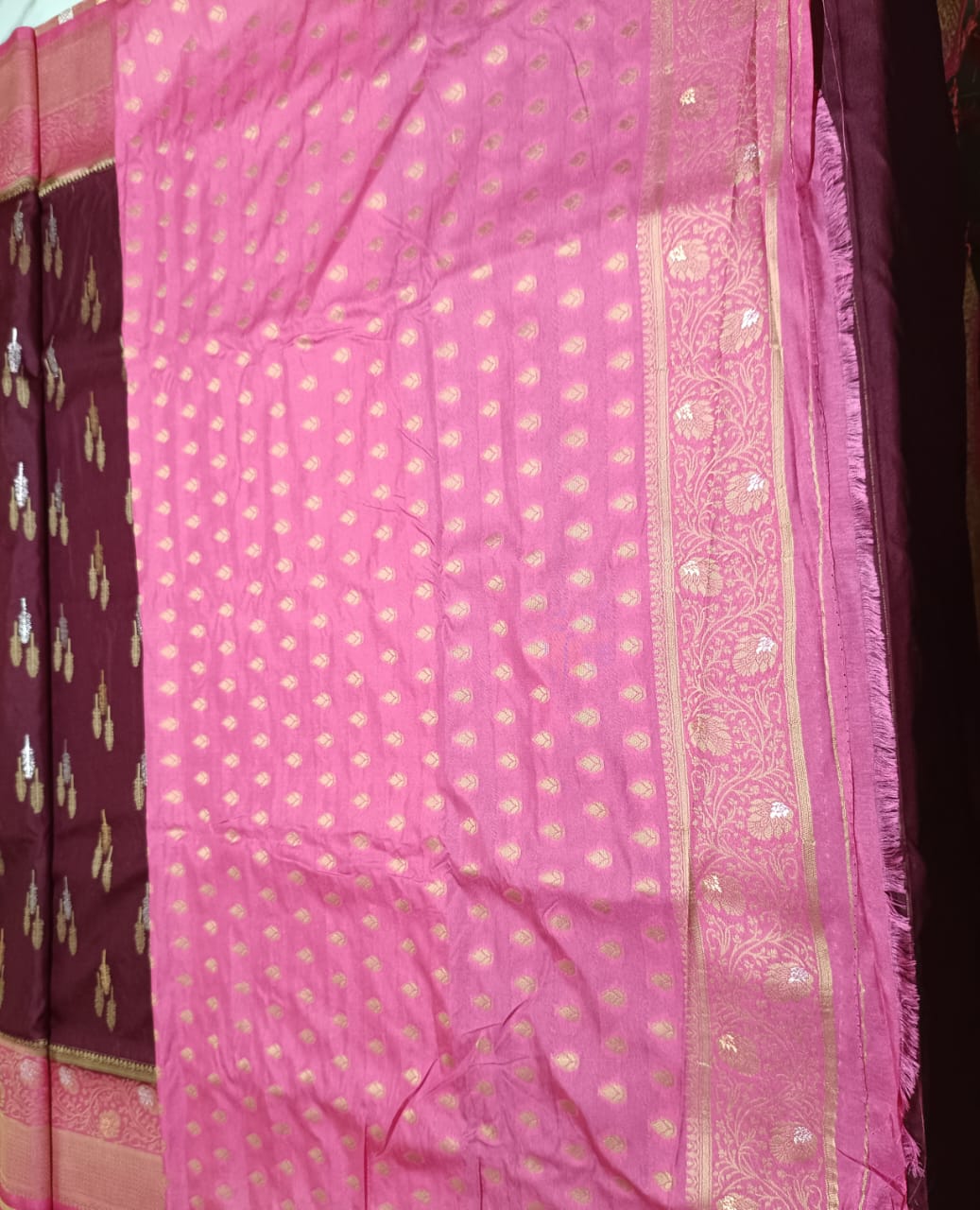 Dark Red Maron Dola Gold & Silver Zari sarees