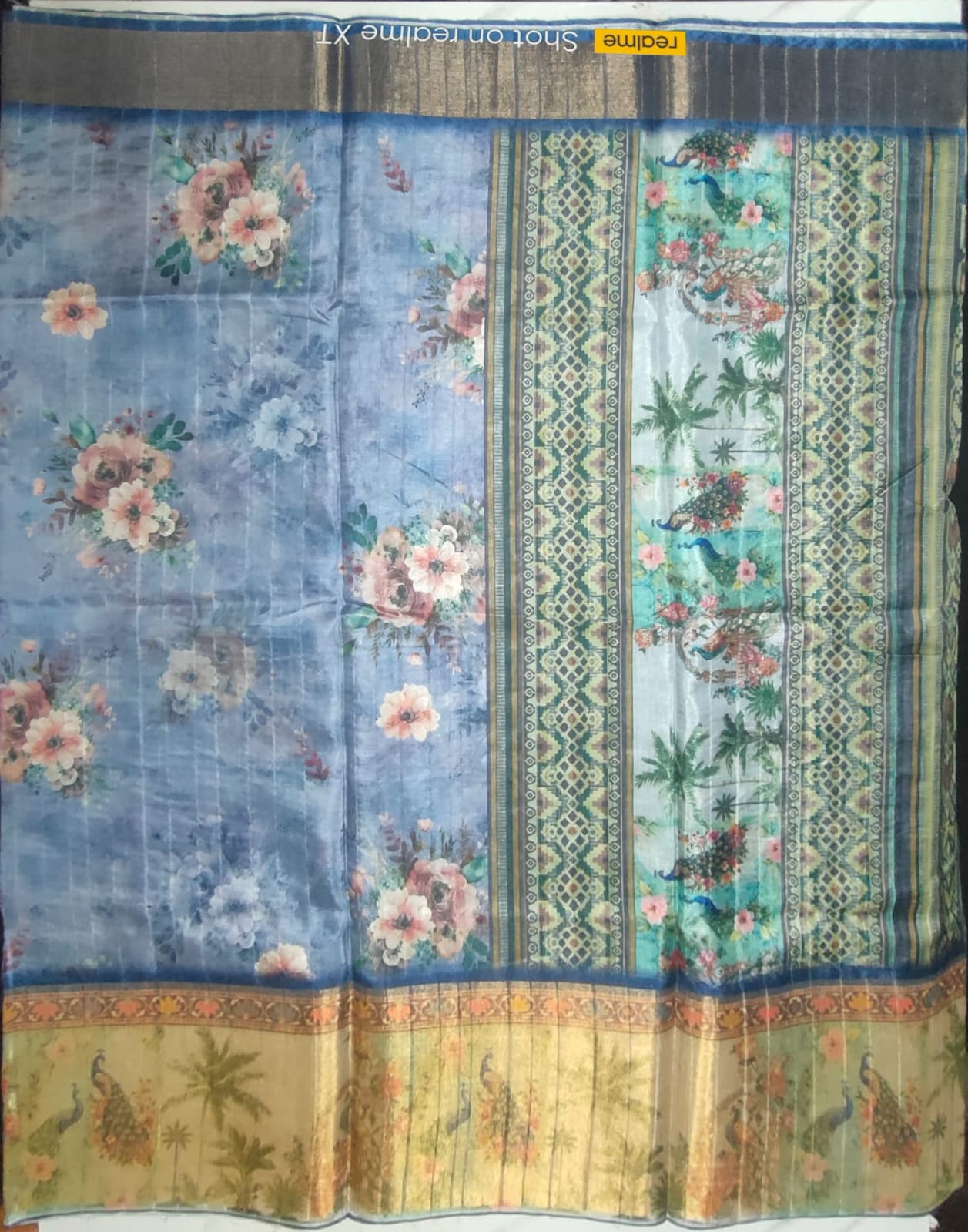 Light Indigo colour Digital print gold boarder sarees