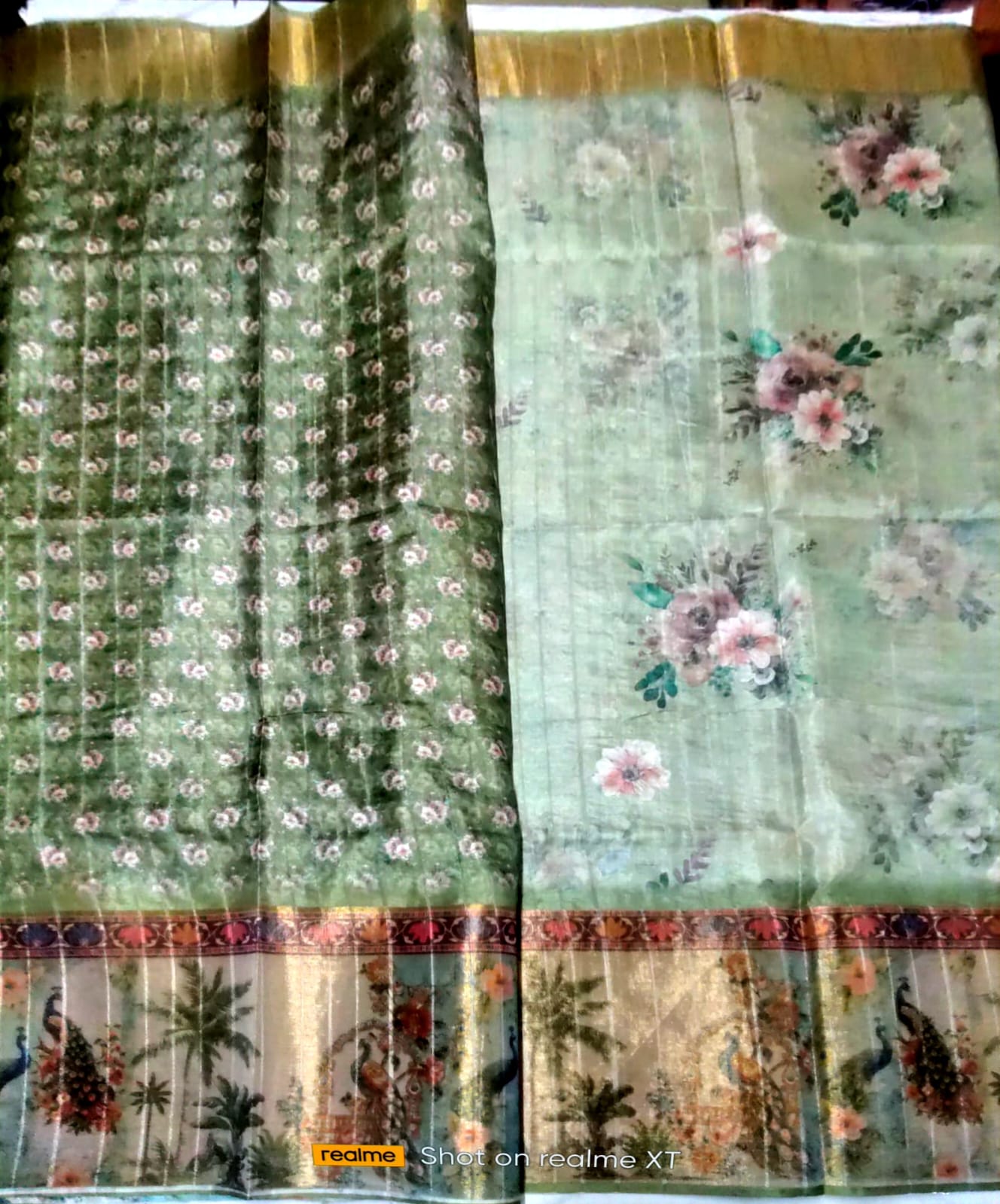 Pastel Green Digital print gold boarder sarees