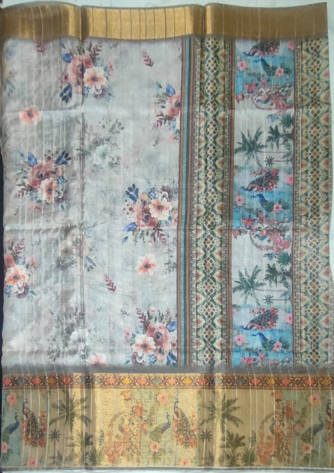 Light Gray Digital print gold boarder sarees