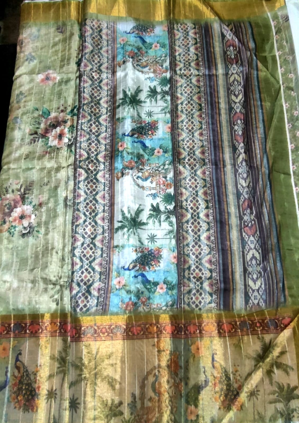 Pastel Green Digital print gold boarder sarees