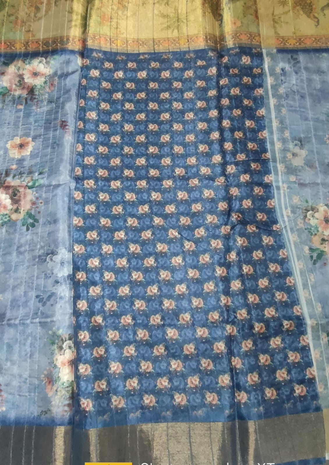 Light Indigo colour Digital print gold boarder sarees