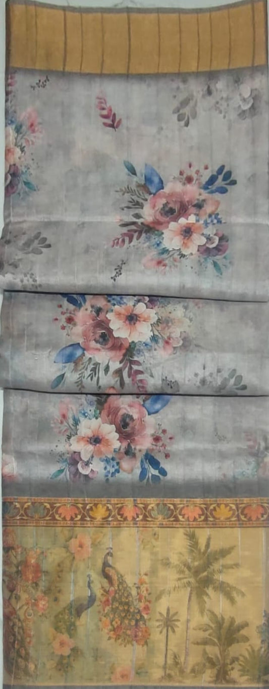 Light Gray Digital print gold boarder sarees