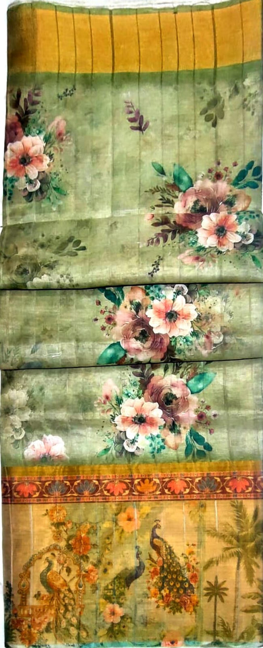Pastel Green Digital print gold boarder sarees