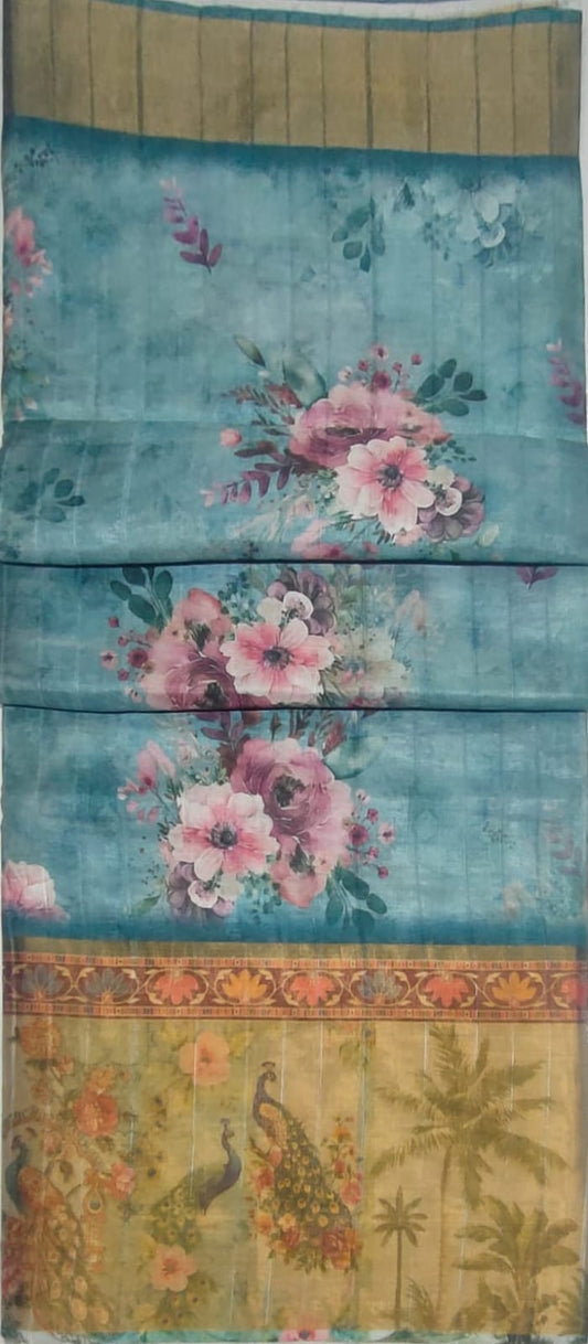 Light Mint Blue Digital print gold boarder sarees