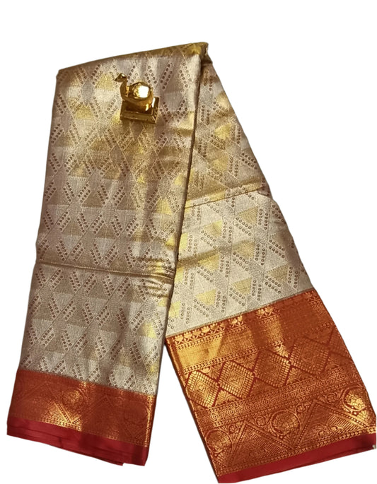 Gold and silver shaded Red semi pattu saree