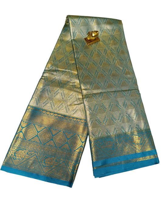 Gold and silver shaded Teal blue semi pattu saree