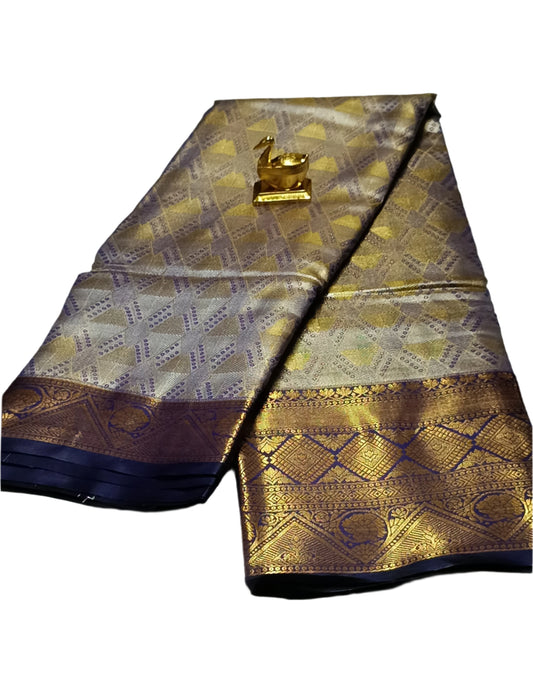 Gold and silver shaded Navi blue semi pattu saree