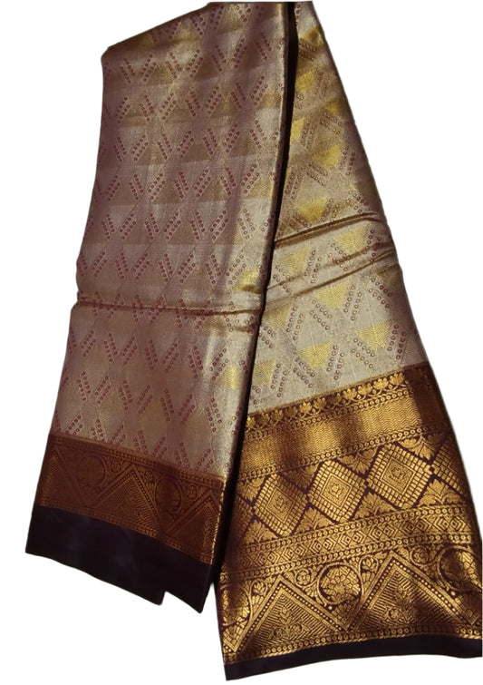 Gold and silver shaded Brown   semi pattu saree