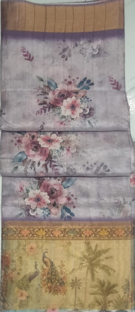 Light Orchid  colour  Digital print gold boarder sarees