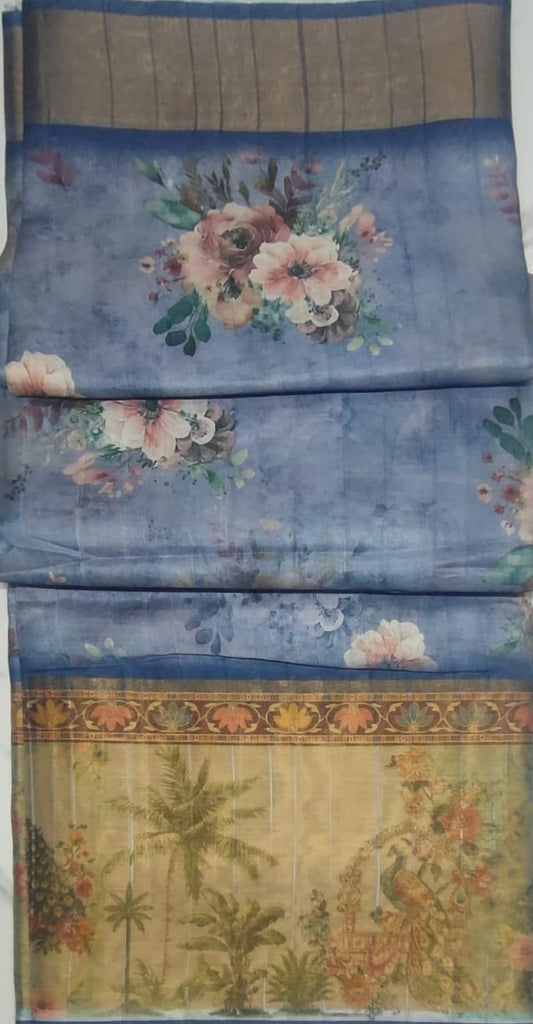 Light Indigo colour  Digital print gold boarder sarees